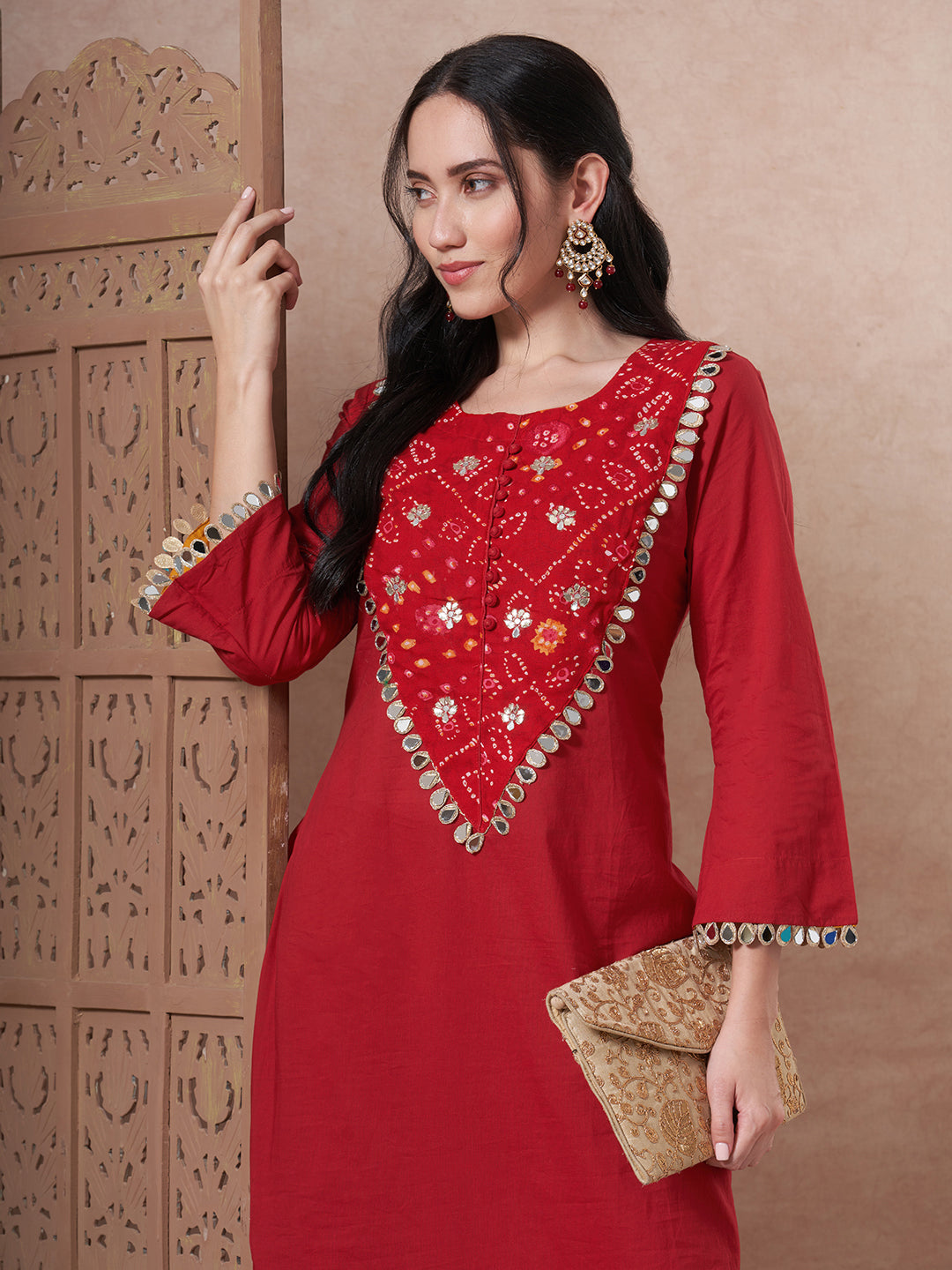 Solid Bandhani Printed Mirror Work A-Line Kurta with Palazzo - Red
