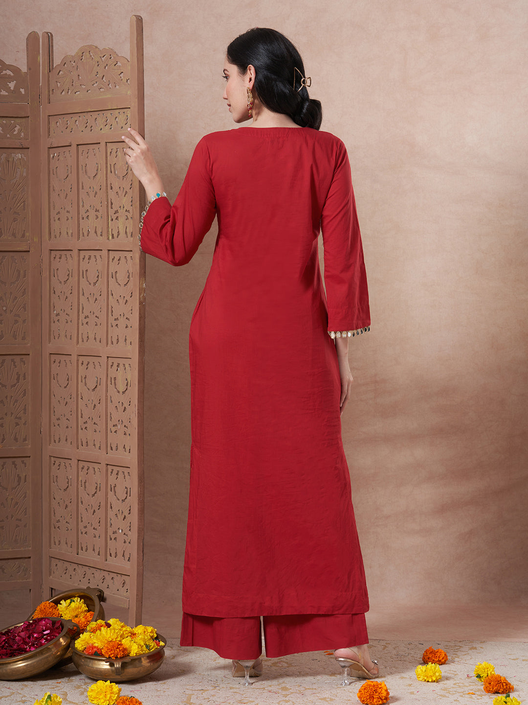 Solid Bandhani Printed Mirror Work A-Line Kurta with Palazzo - Red