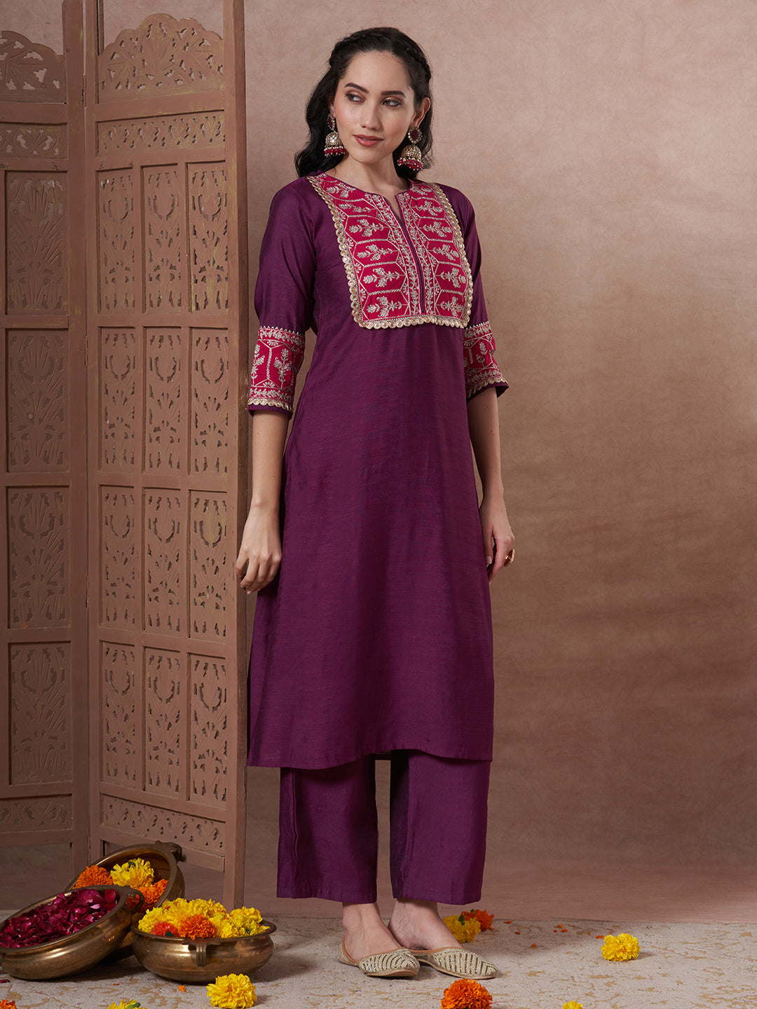 Solid Ethnic Zari Embroidered A-Line Co-ord Set - Wine