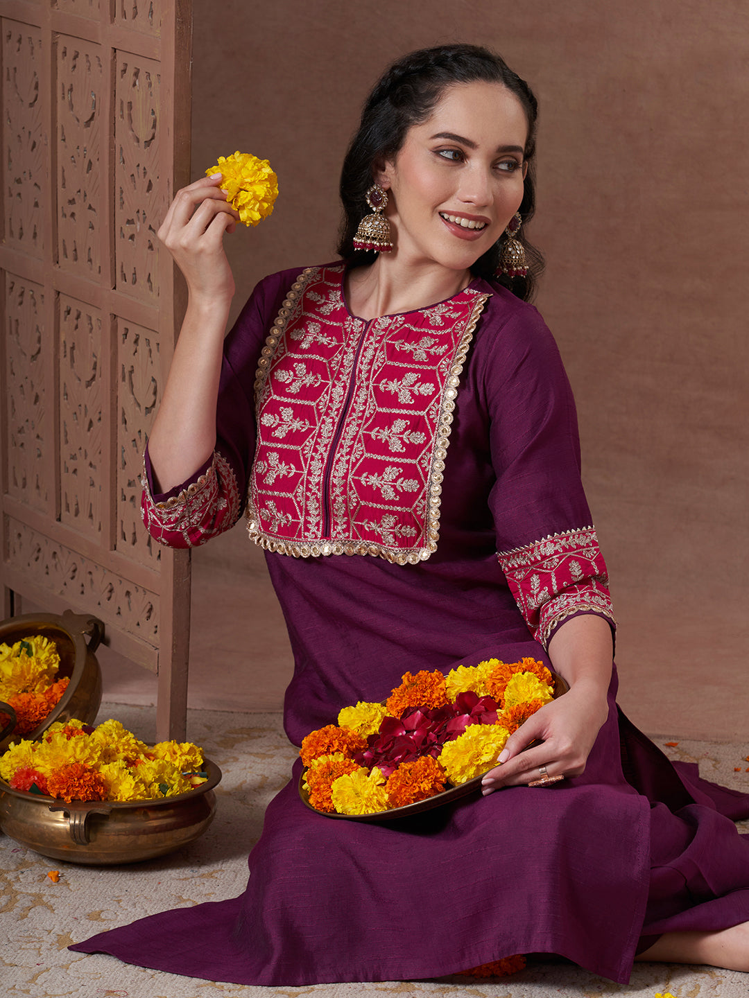 Solid Ethnic Zari Embroidered A-Line Co-ord Set - Wine