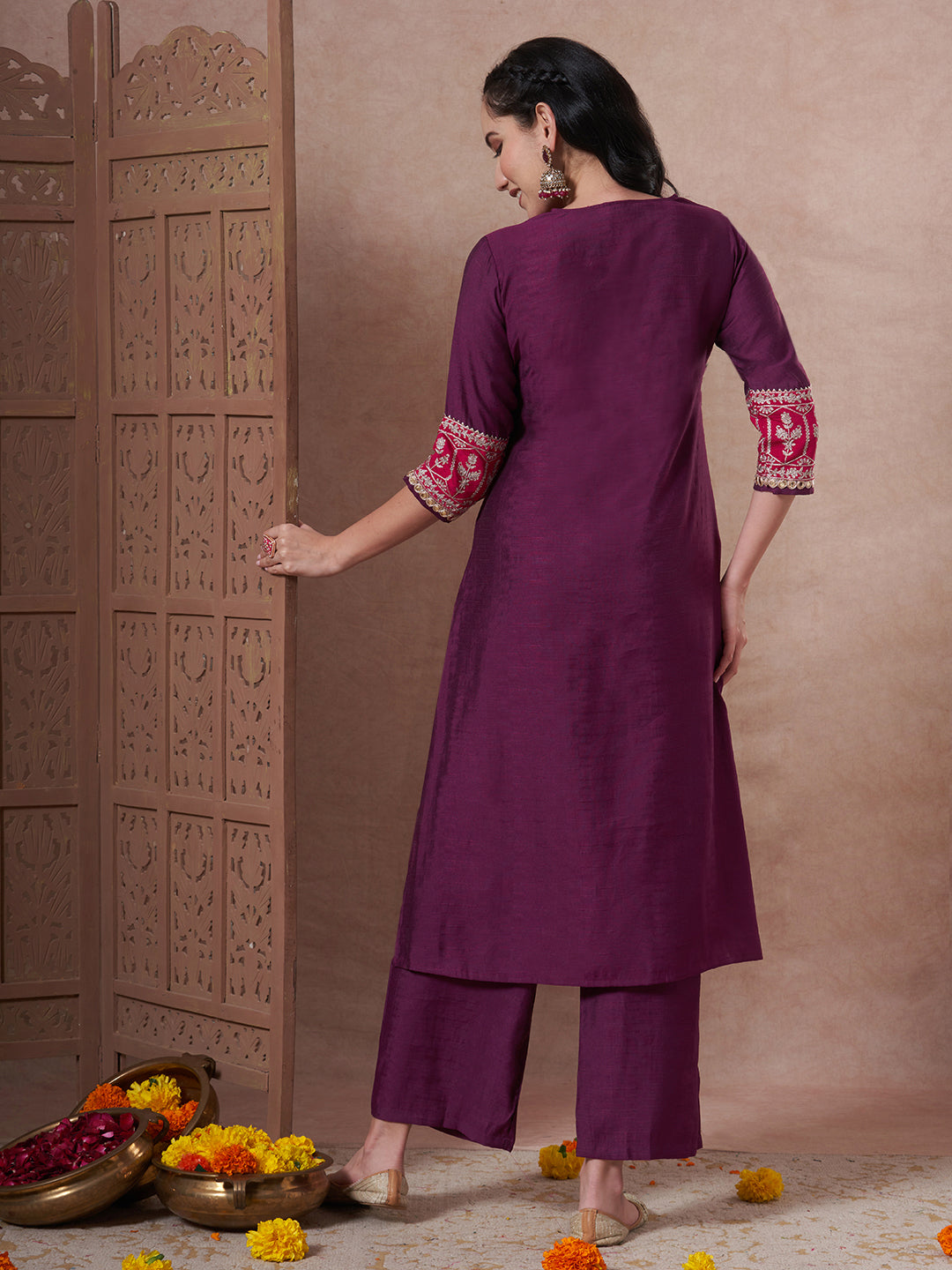 Solid Ethnic Zari Embroidered A-Line Co-ord Set - Wine