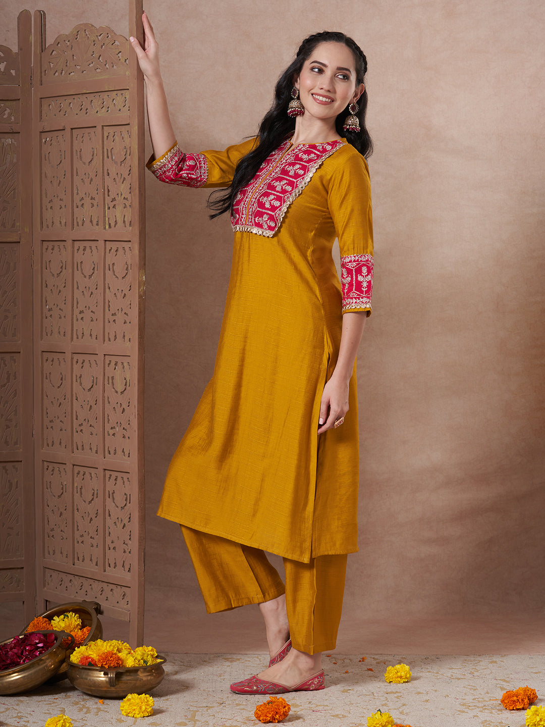 Solid Ethnic Zari Embroidered A-Line Co-ord Set - Mustard