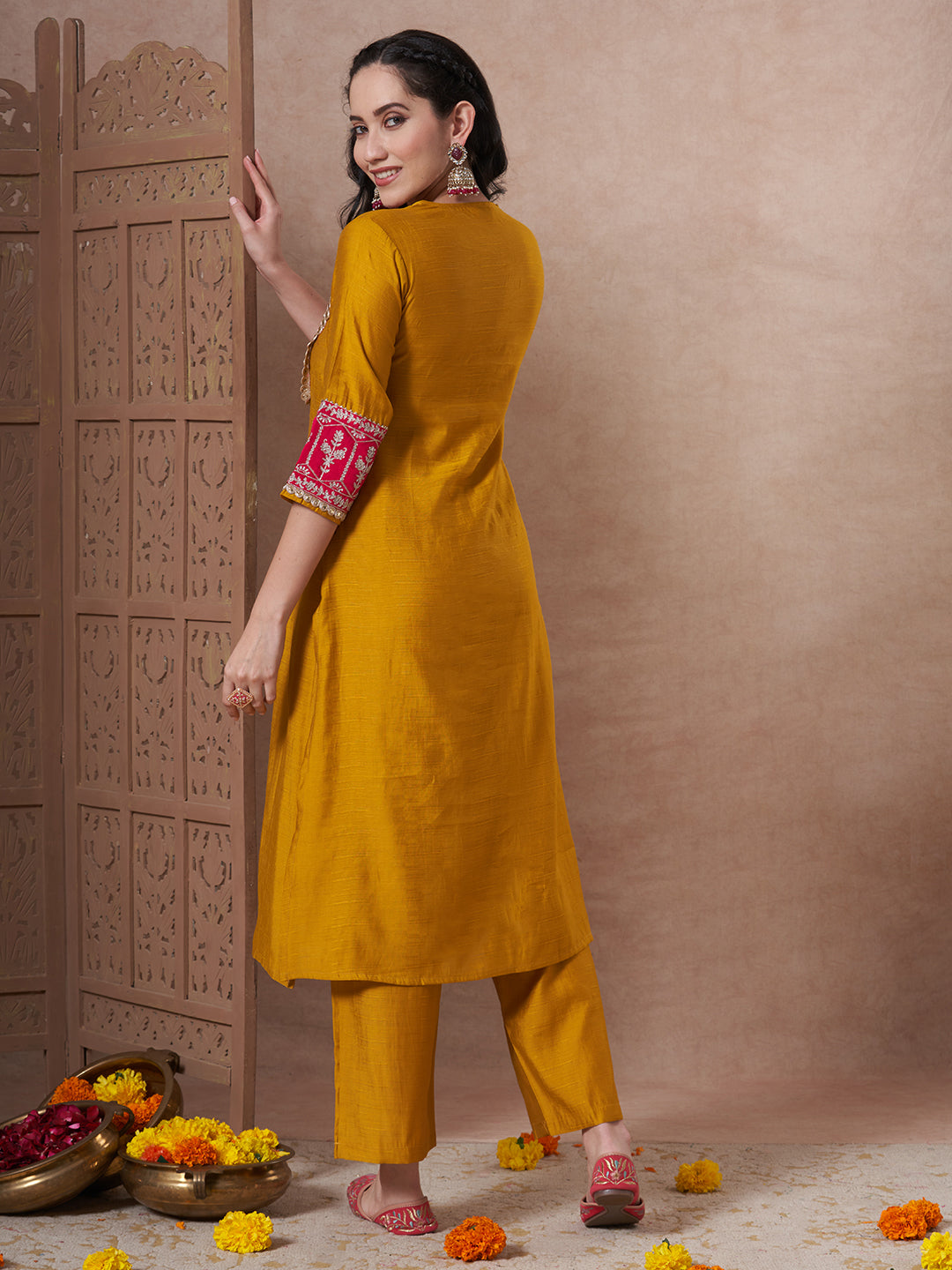 Solid Ethnic Zari Embroidered A-Line Co-ord Set - Mustard
