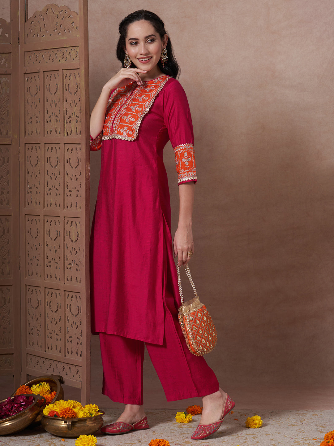 Solid Ethnic Zari Embroidered A-Line Co-ord Set - Rani