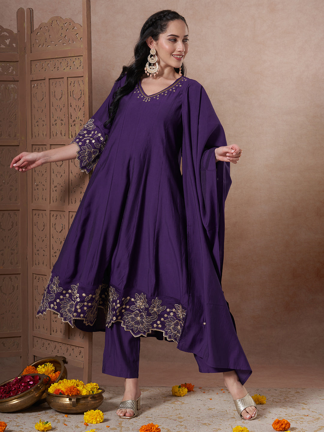 Solid Floral Embroidered Anarkali Flared Kurta with Pant and Dupatta - Purple