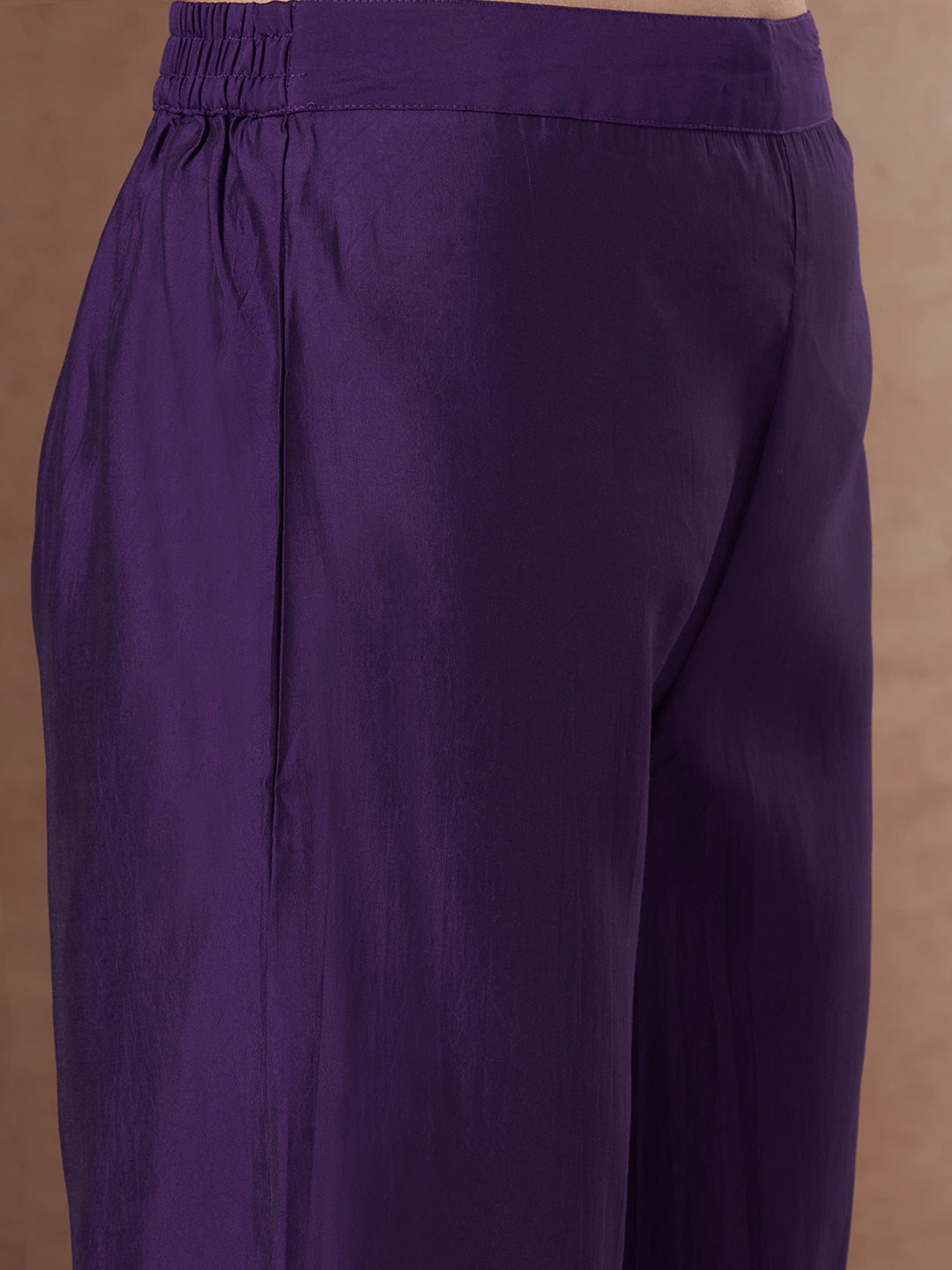 Solid Floral Embroidered Anarkali Flared Kurta with Pant and Dupatta - Purple
