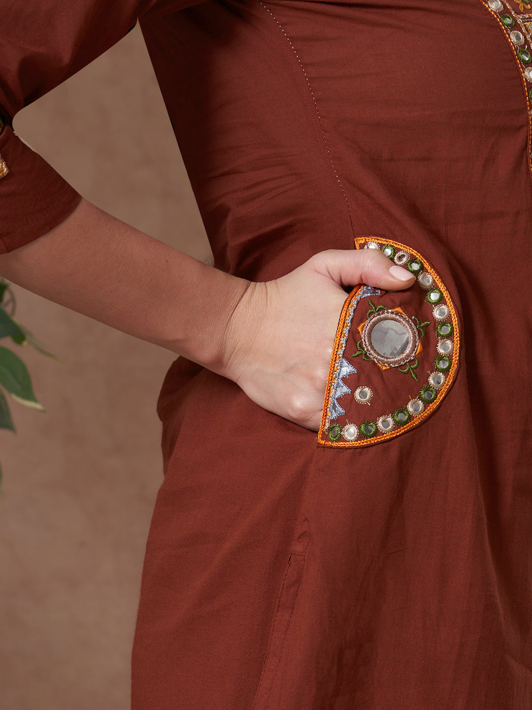 Solid Mirror Embroidered Straight Fit Kurta with Palazzo and Dupatta - Brown