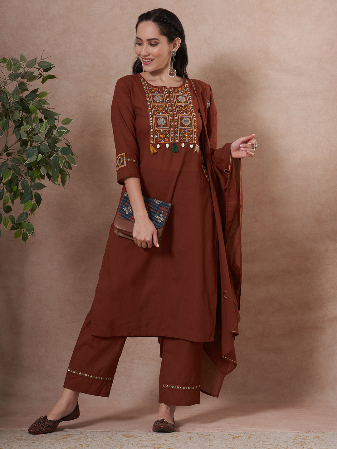 Solid Mirror Embroidered Straight Fit Kurta with Palazzo and Dupatta - Brown