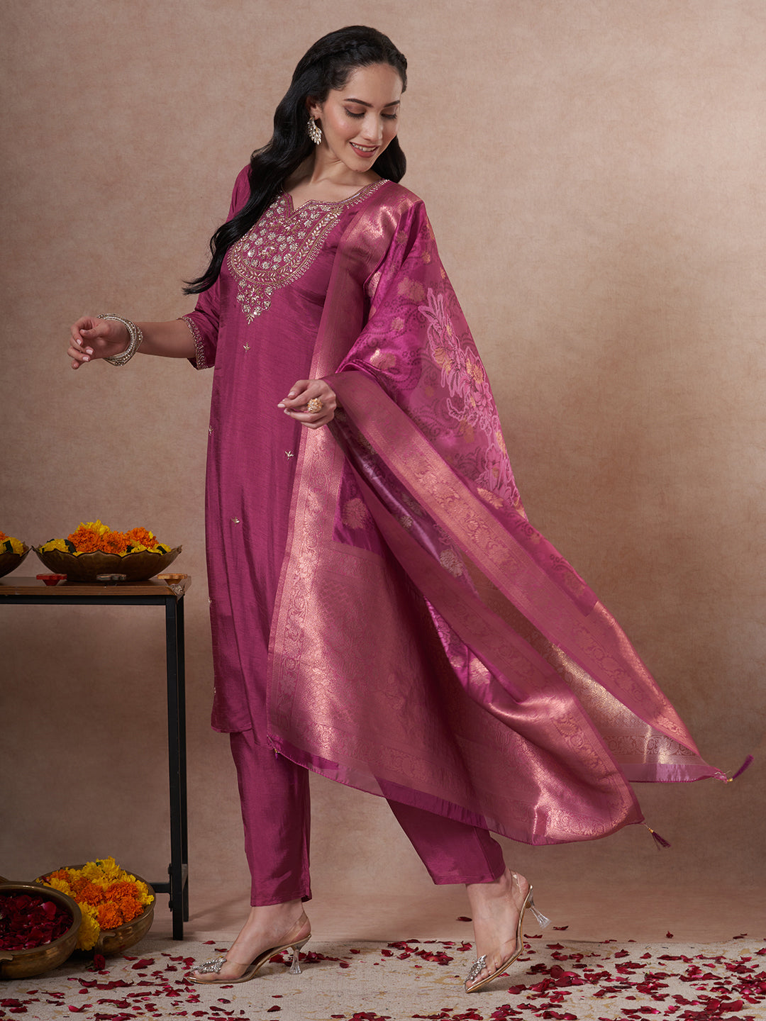 Festive Ethnic Hand Embroidered Straight Fit Kurta with Pant and Dupatta - Magenta