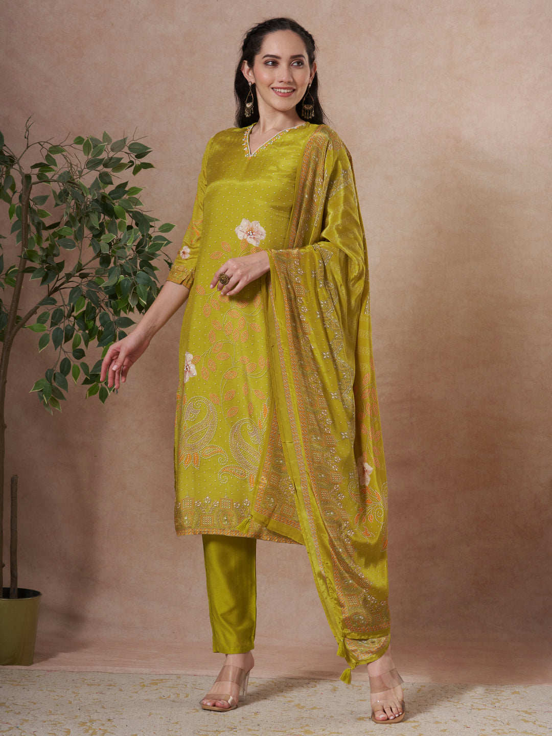 Floral Printed Embroidered Straight Fit Kurta with Pant and Dupatta - Lime Green