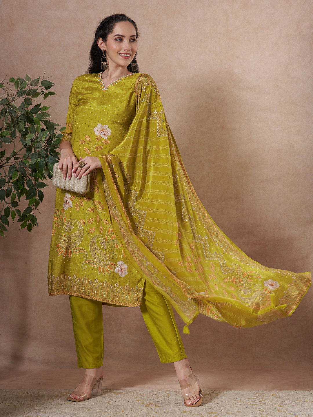 Floral Printed Embroidered Straight Fit Kurta with Pant and Dupatta - Lime Green