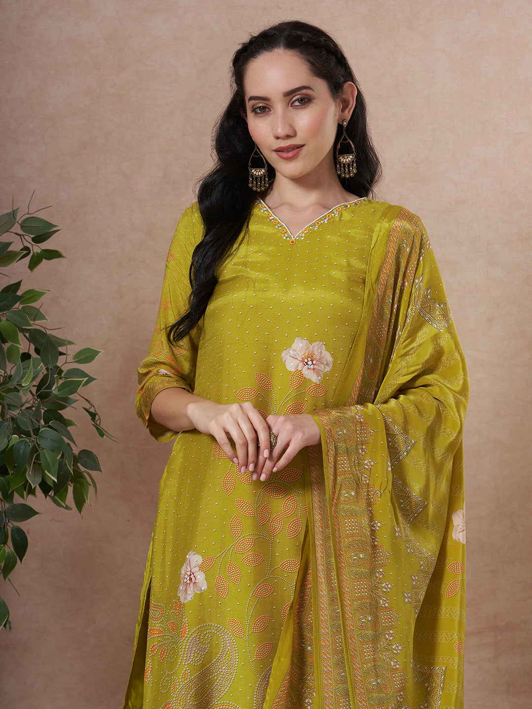 Floral Printed Embroidered Straight Fit Kurta with Pant and Dupatta - Lime Green