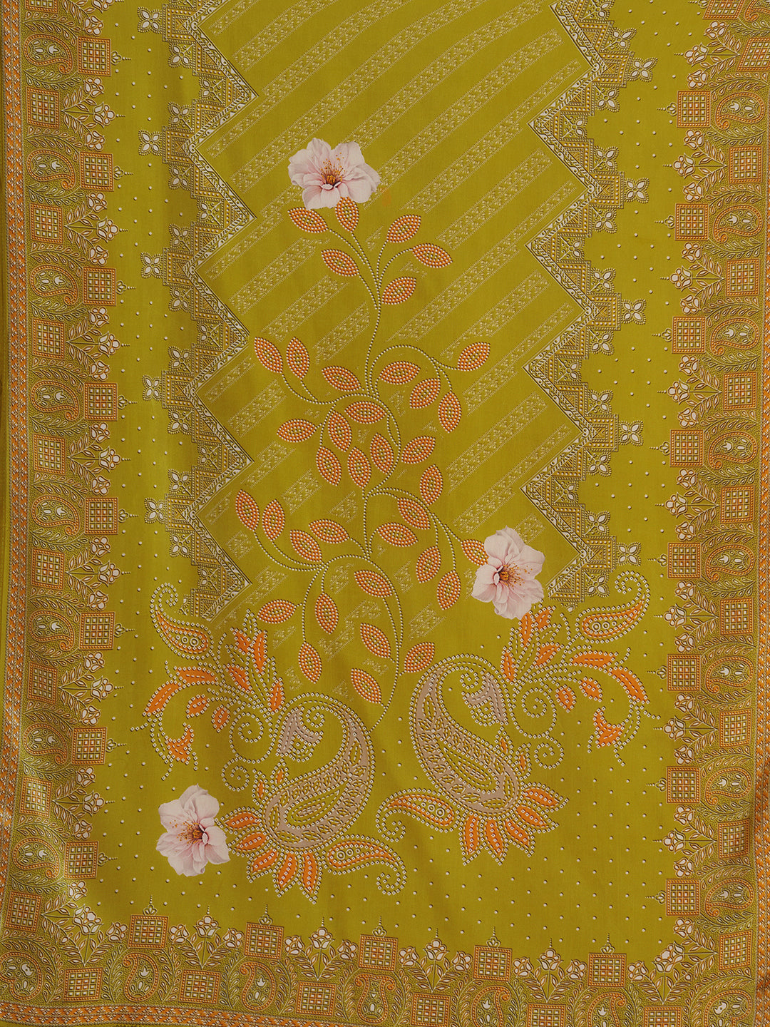 Floral Printed Embroidered Straight Fit Kurta with Pant and Dupatta - Lime Green