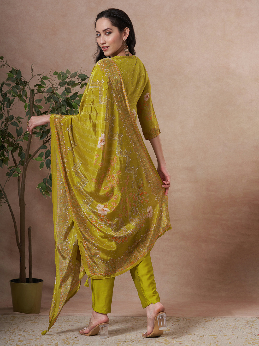 Floral Printed Embroidered Straight Fit Kurta with Pant and Dupatta - Lime Green