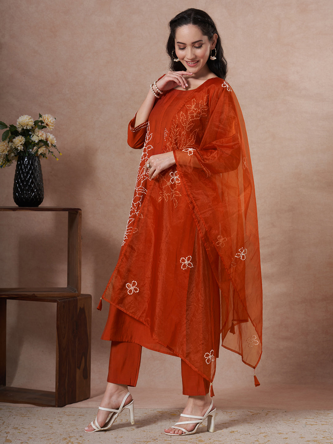 Solid French Knot Embroidered Straight Fit Kurta with Pant and Dupatta - Rust