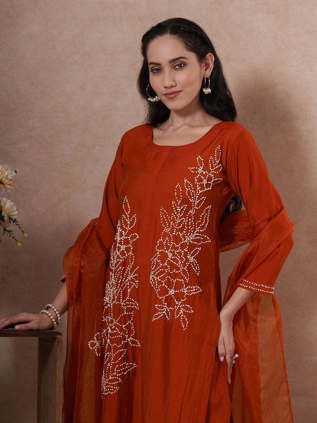 Solid French Knot Embroidered Straight Fit Kurta with Pant and Dupatta - Rust
