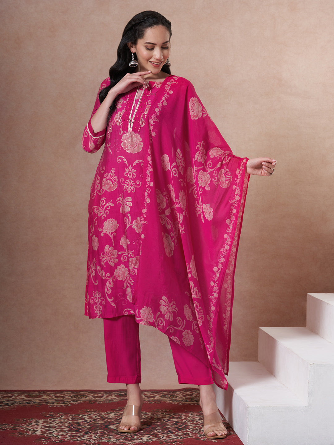 Ethnic Printed & Embroidered Straight Kurta with Pant & Dupatta - Rani