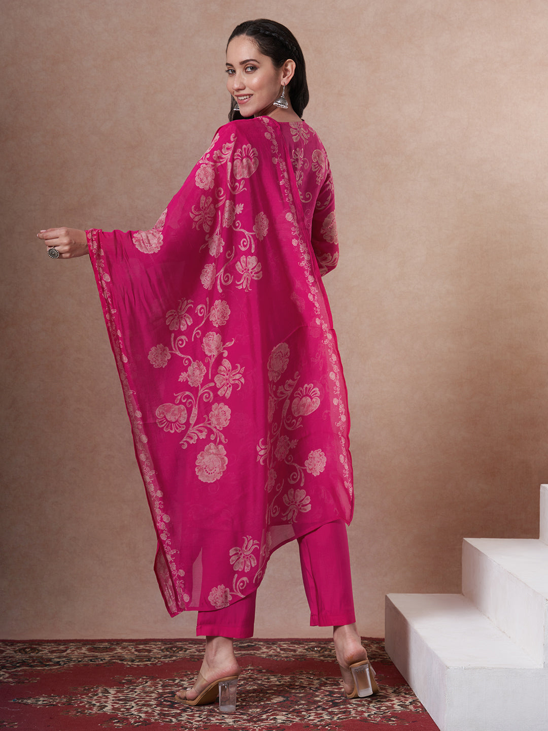 Ethnic Printed & Embroidered Straight Kurta with Pant & Dupatta - Rani