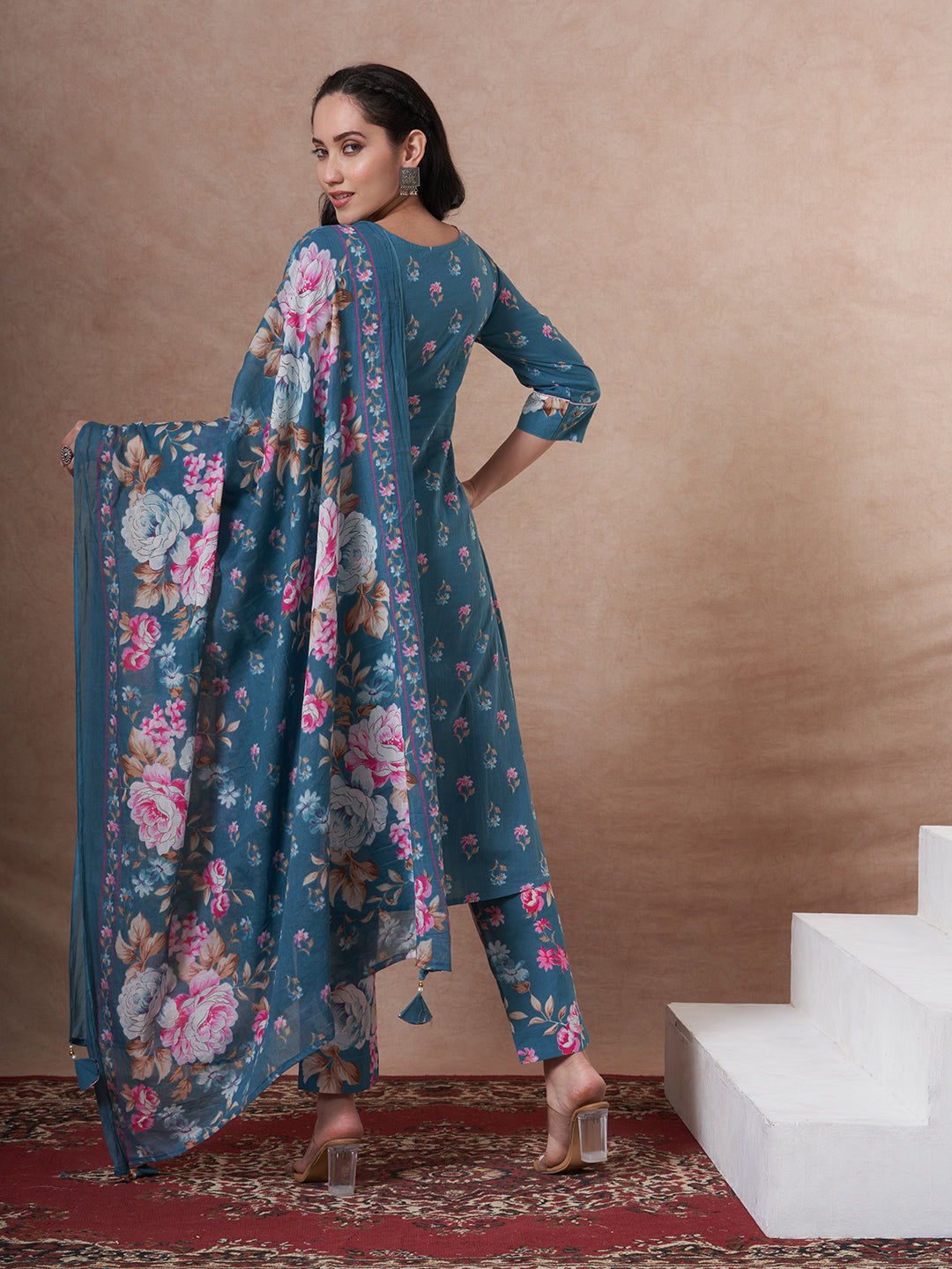 Ethnic Floral Printed Embroidered Straight Fit Kurta with Pant and Dupatta - Blue