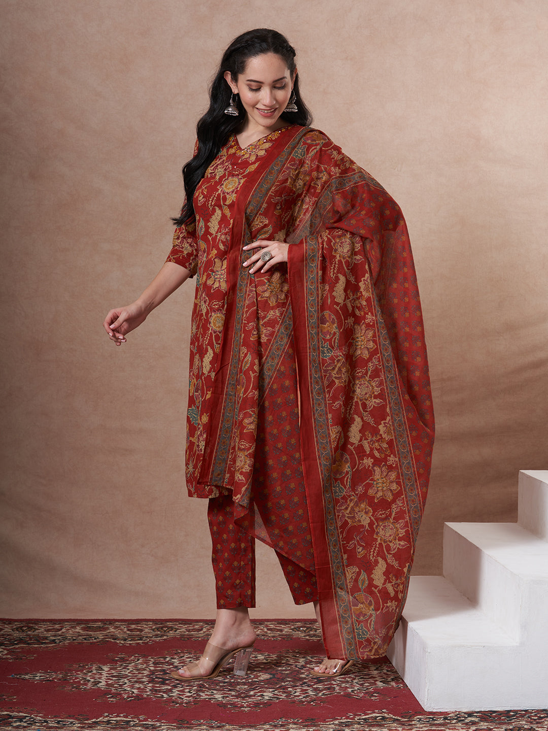Ethnic Floral Printed Straight Fit Kurta with Pant and Dupatta - Red