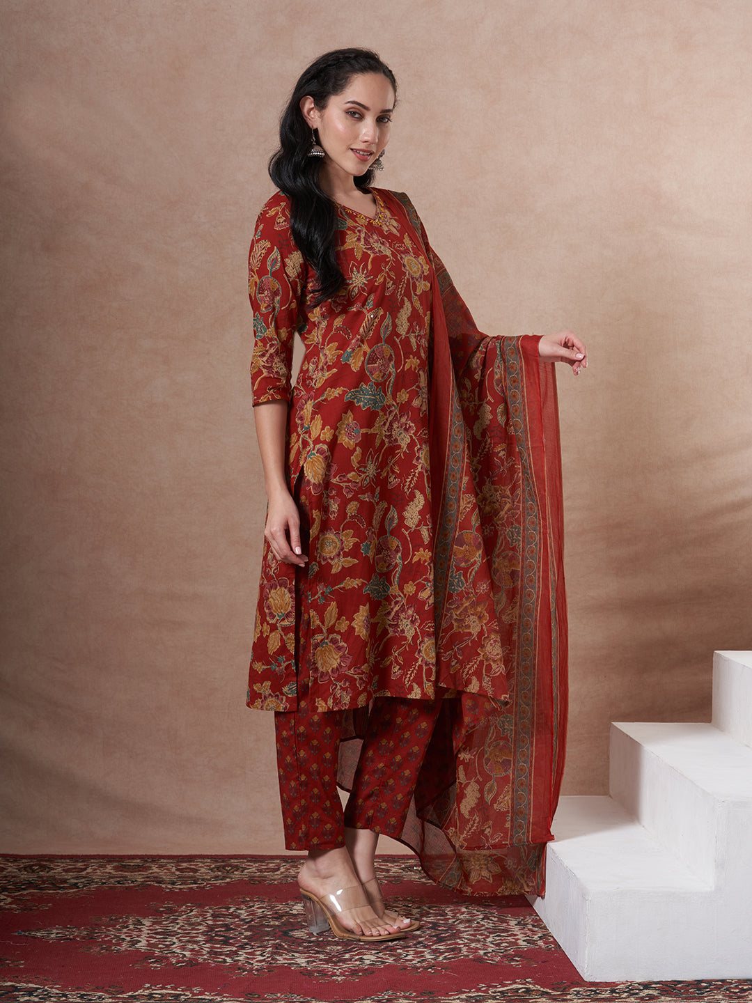 Ethnic Floral Printed Straight Fit Kurta with Pant and Dupatta - Red