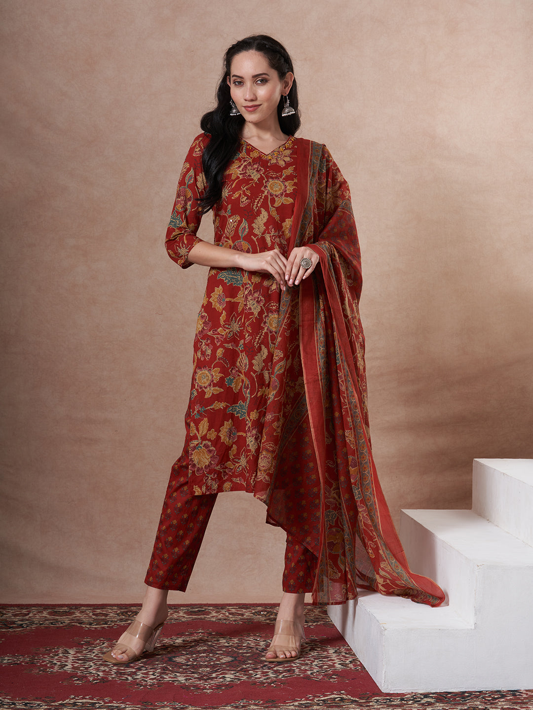 Ethnic Floral Printed Straight Fit Kurta with Pant and Dupatta - Red