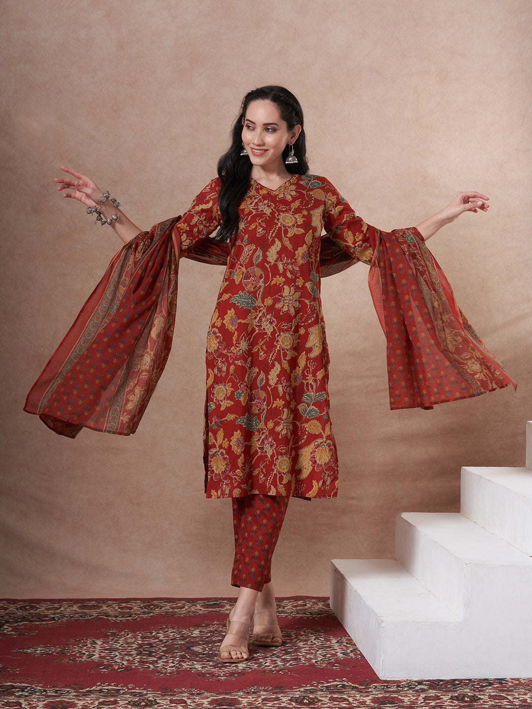 Ethnic Floral Printed Straight Fit Kurta with Pant and Dupatta - Red