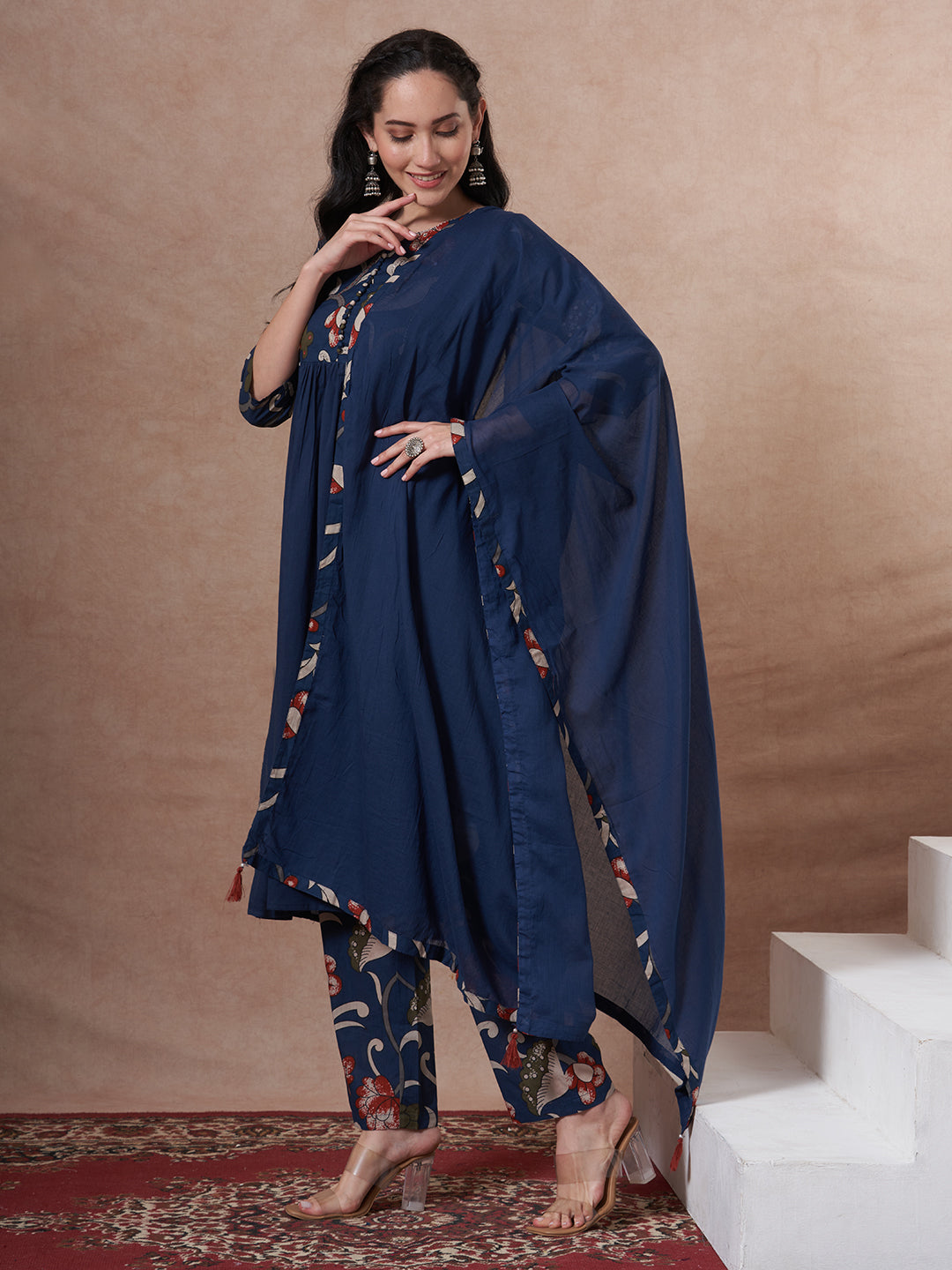 Solid Kalamkari Printed A-Line Kurta with Pant and Dupatta - Navy Blue