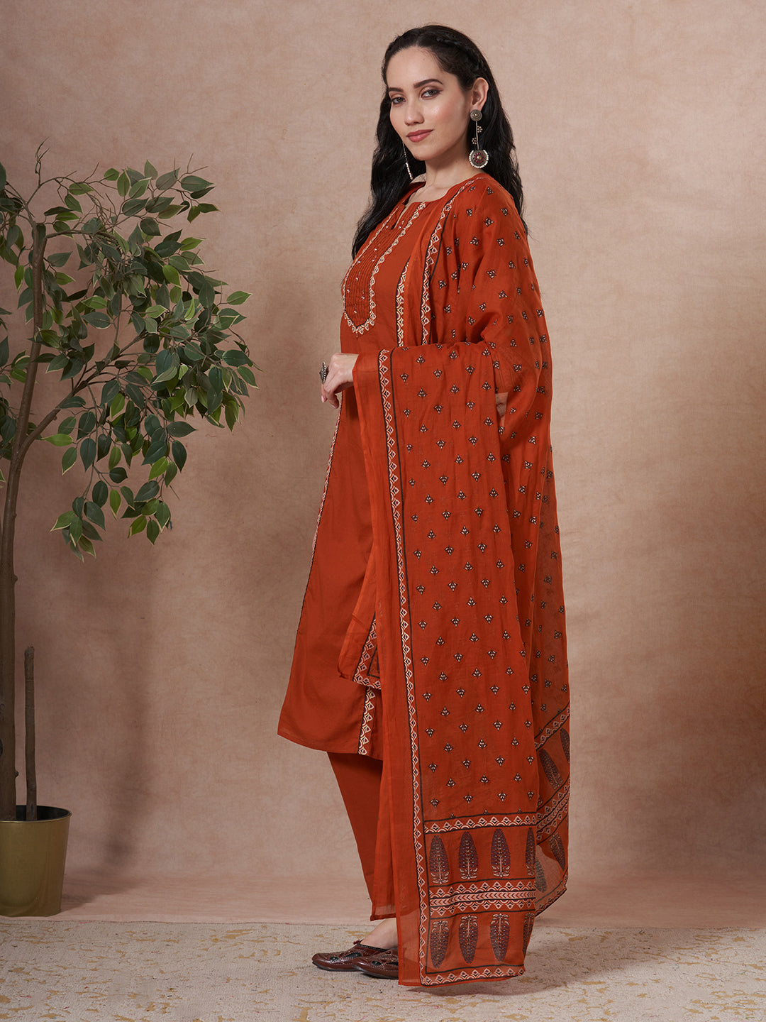 Ethnic Floral Printed & Embroidered Straight Kurta with Pant & Dupatta - Rust
