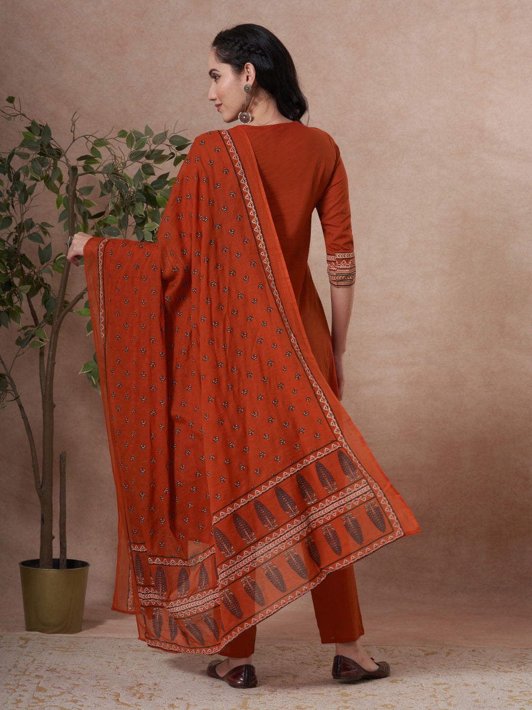 Ethnic Floral Printed & Embroidered Straight Kurta with Pant & Dupatta - Rust