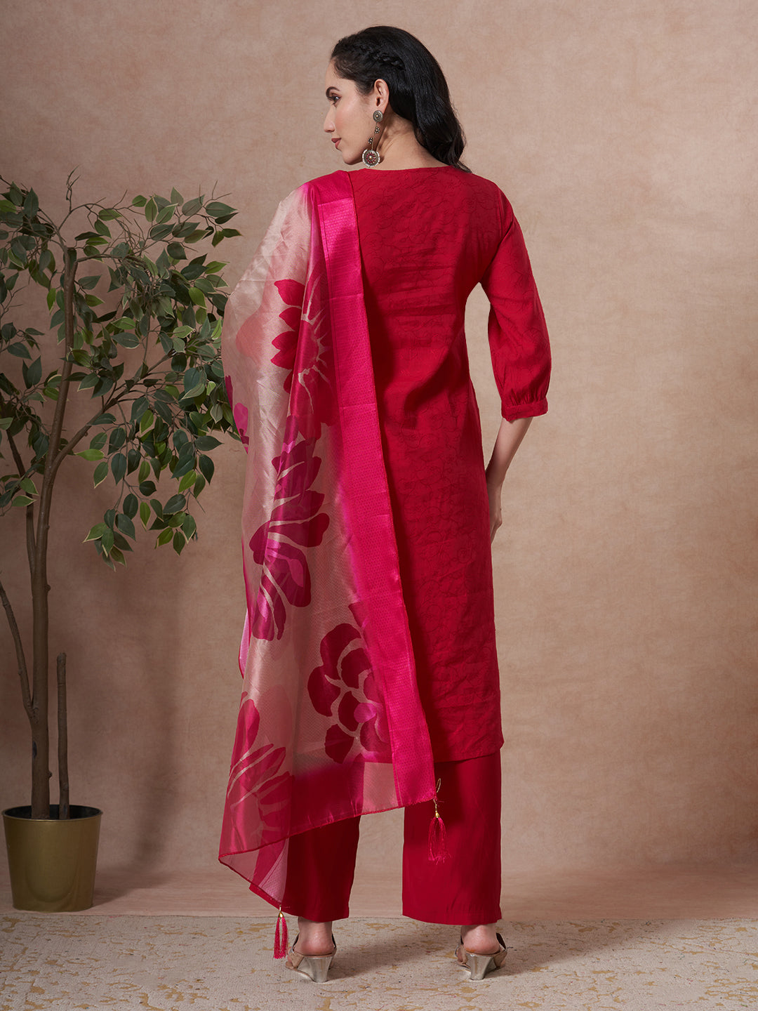 Solid Floral Embroidered A-Line Kurta with Palazzo & Dupatta - Rani