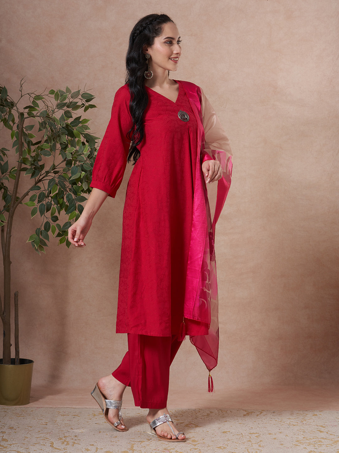Solid Floral Embroidered A-Line Kurta with Palazzo & Dupatta - Rani