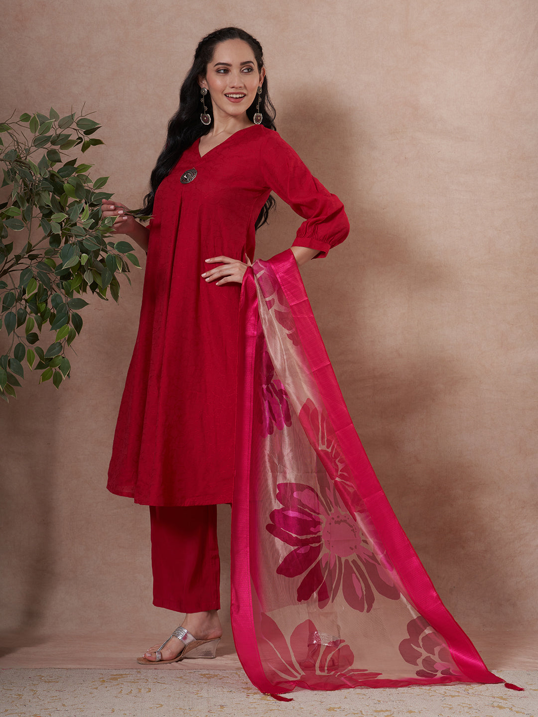 Solid Floral Embroidered A-Line Kurta with Palazzo & Dupatta - Rani
