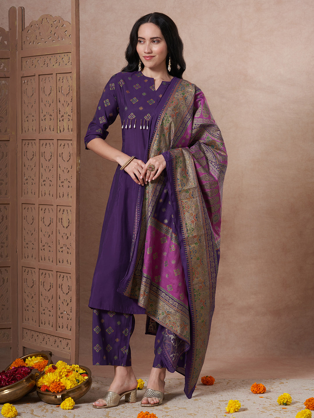 Ethnic Foil Printed A-Line Paneled Kurta with Pant & Dupatta - Purple