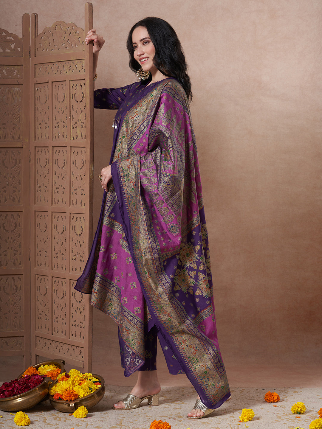 Ethnic Foil Printed A-Line Paneled Kurta with Pant & Dupatta - Purple