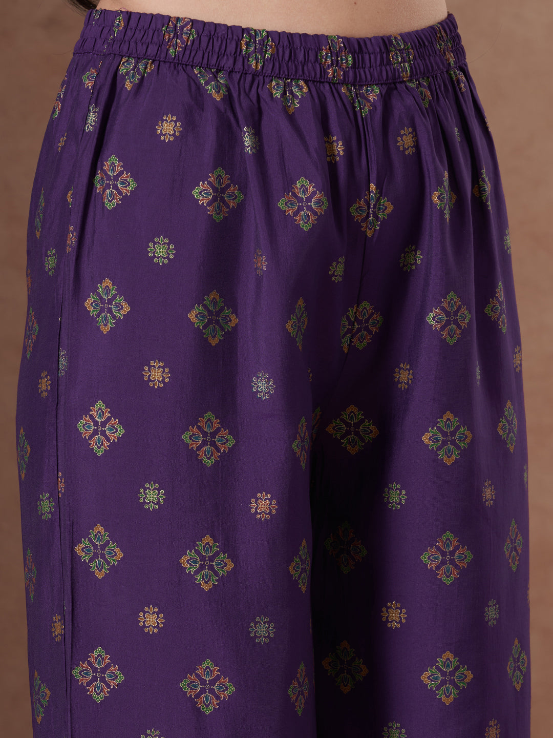 Ethnic Foil Printed A-Line Paneled Kurta with Pant & Dupatta - Purple