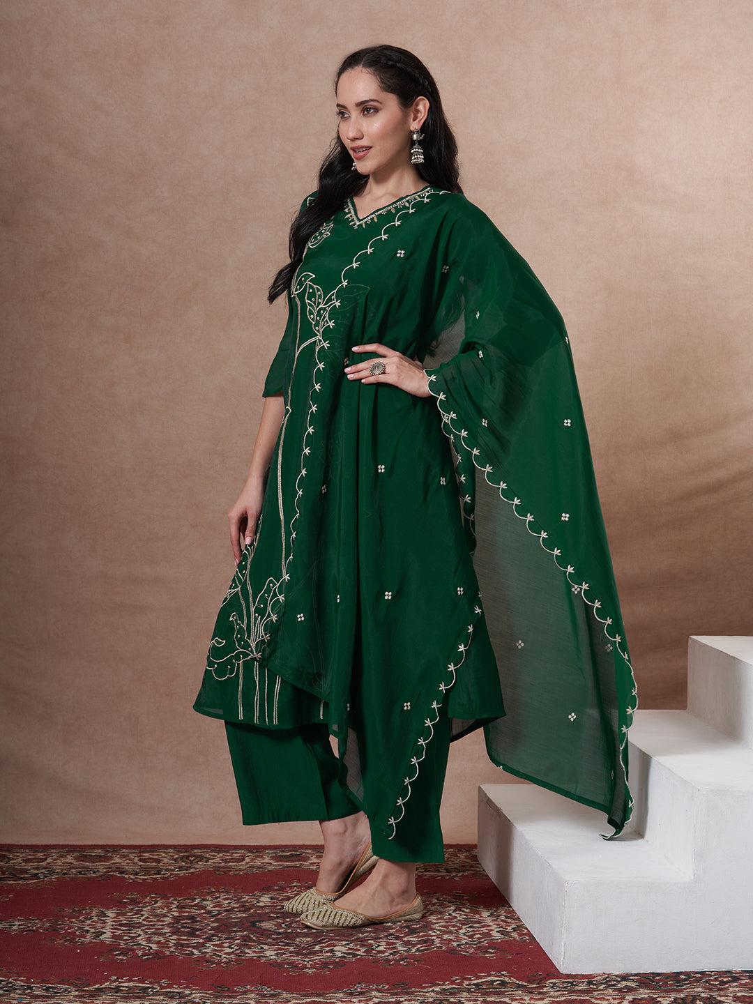 Solid Threadwork Embroidered A-Line Kurta with Palazzo & Dupatta - Green