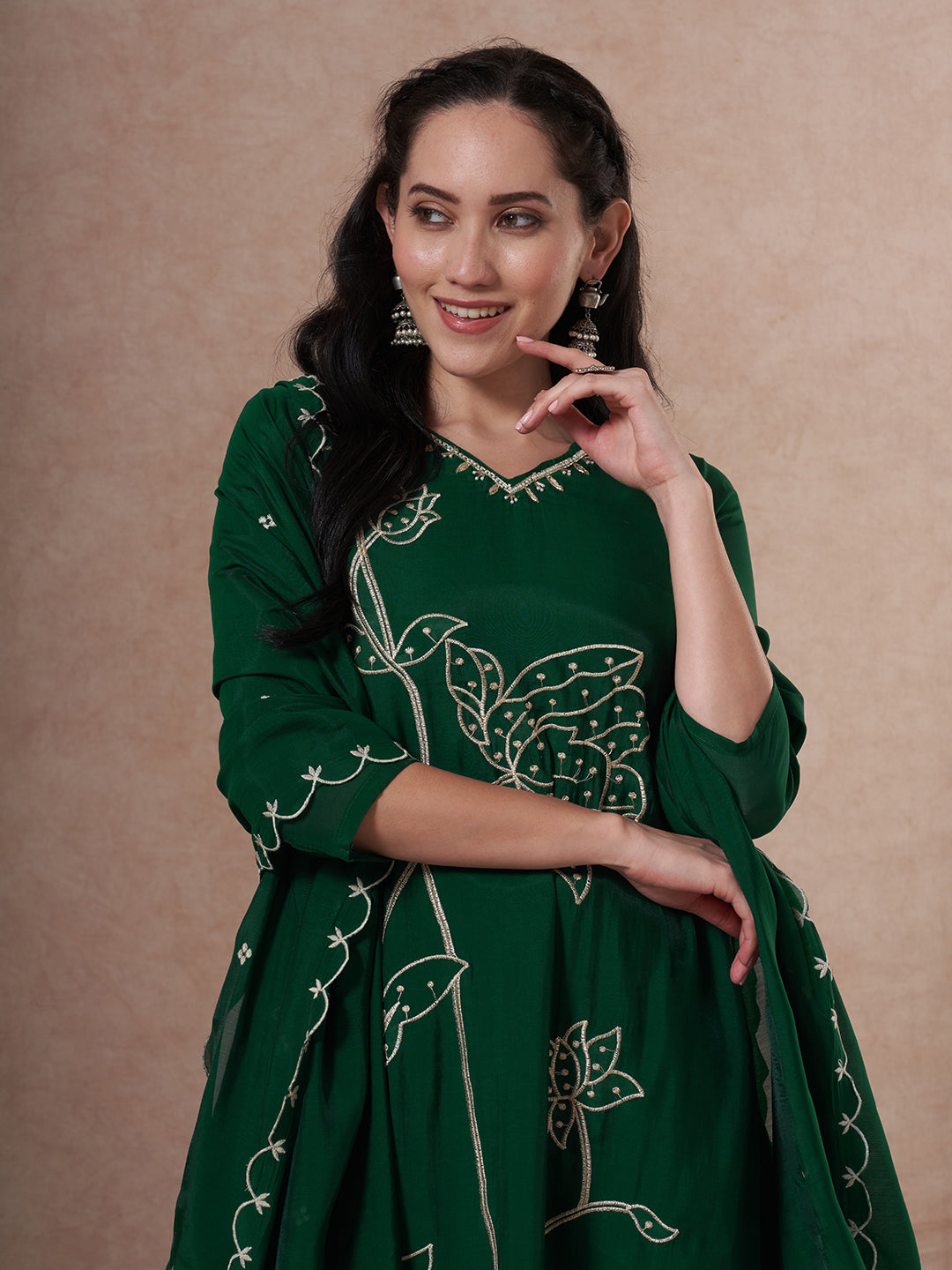 Solid Threadwork Embroidered A-Line Kurta with Palazzo & Dupatta - Green