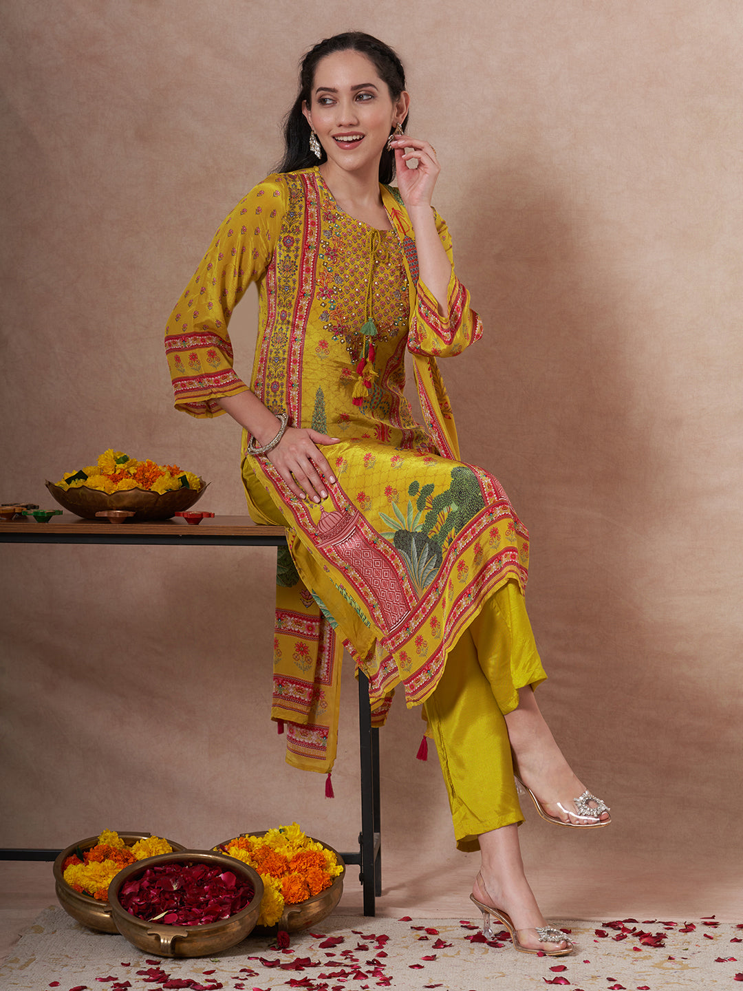 Ethnic Printed Straight Fit Kurta with Pant and Dupatta - Yellow