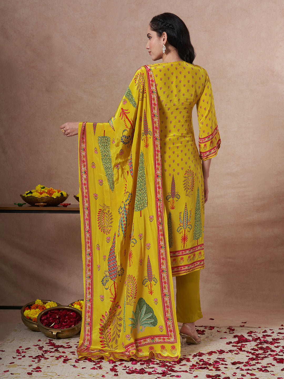 Ethnic Printed Straight Fit Kurta with Pant and Dupatta - Yellow