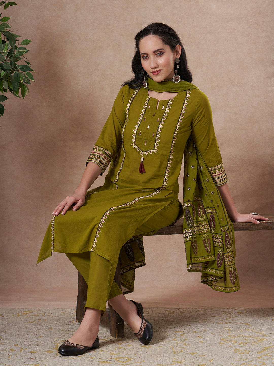 Ethnic Floral Printed & Embroidered Straight Kurta with Pant & Dupatta - Green