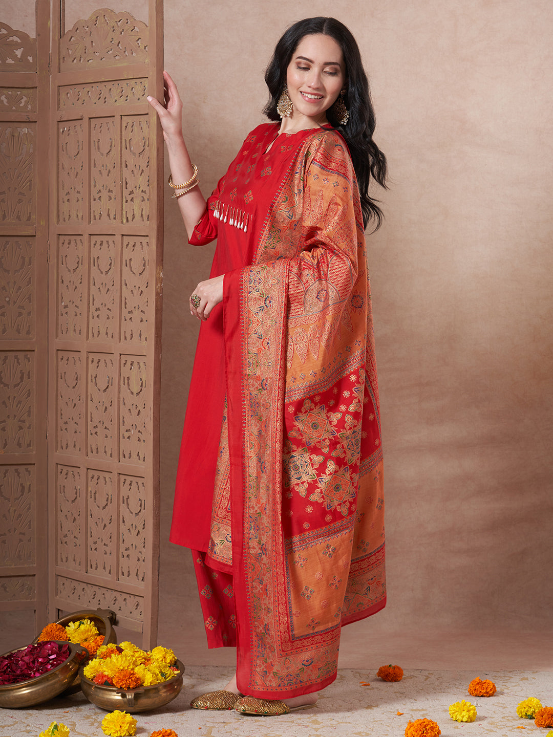 Ethnic Foil Printed A-Line Paneled Kurta with Pant & Dupatta - Red