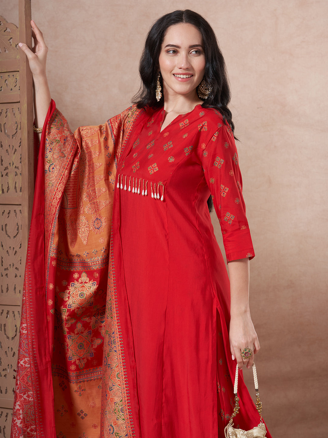 Ethnic Foil Printed A-Line Paneled Kurta with Pant & Dupatta - Red
