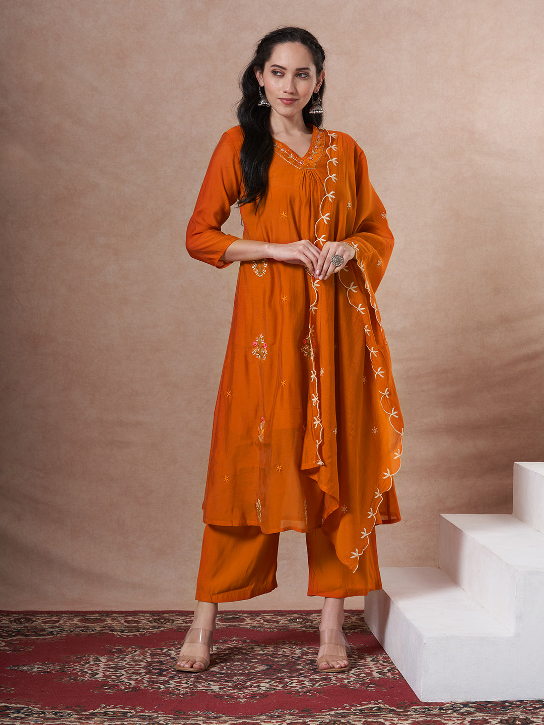 Festive Zari Embroidered A-Line Kurta with Palazzo and Dupatta - Orange