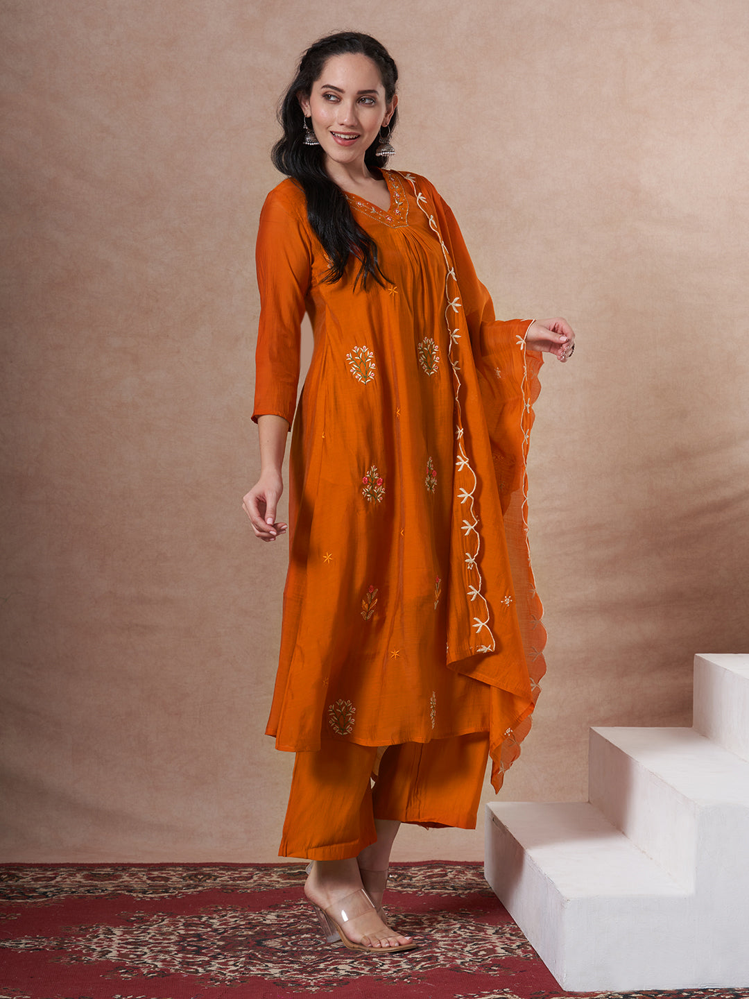 Festive Zari Embroidered A-Line Kurta with Palazzo and Dupatta - Orange