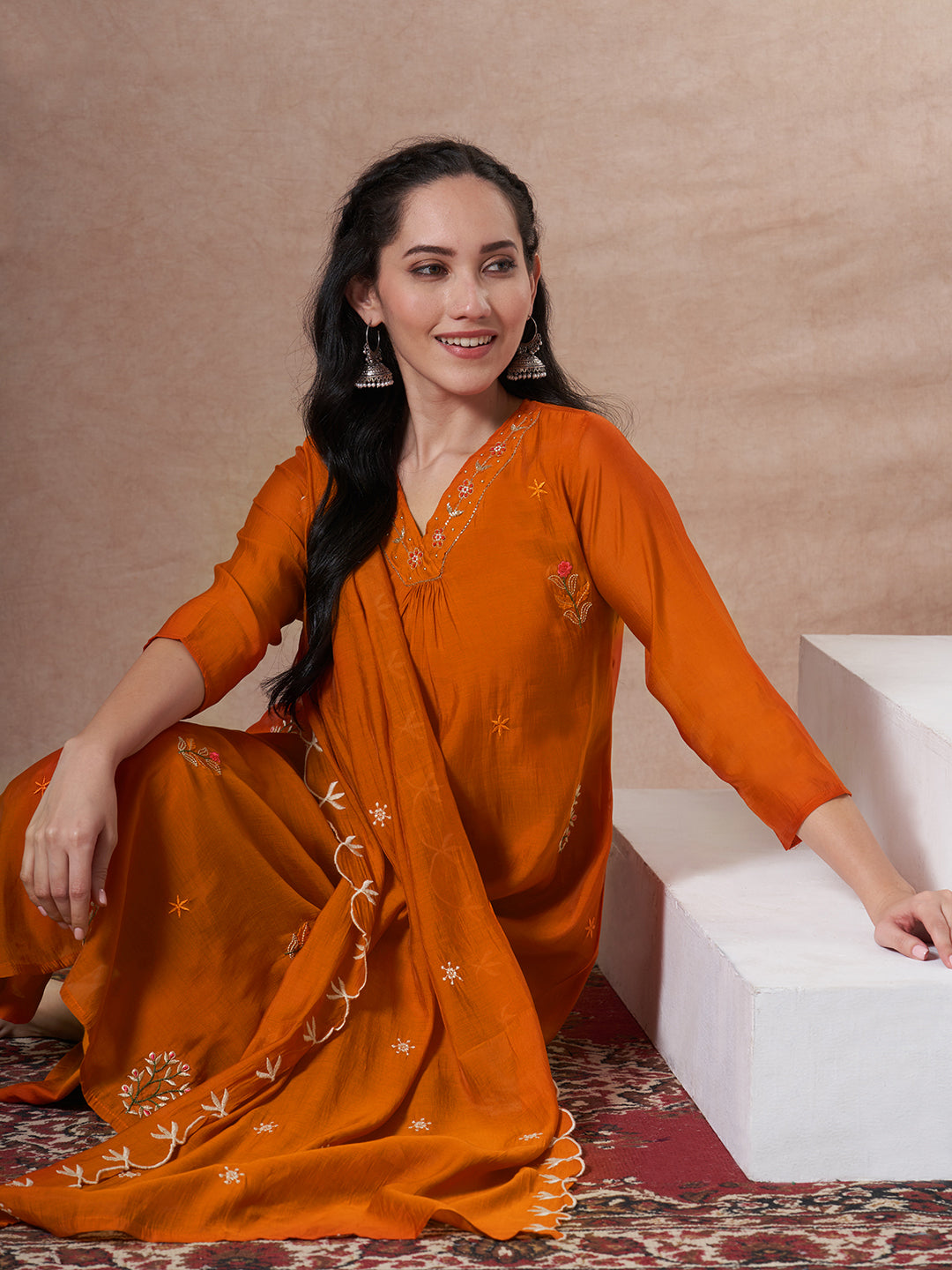 Festive Zari Embroidered A-Line Kurta with Palazzo and Dupatta - Orange