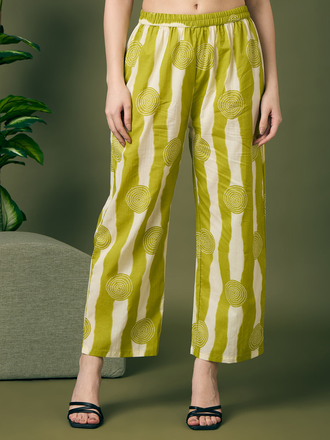 Ethnic Stripes Printed Straight Fit Co-ord Set - Green