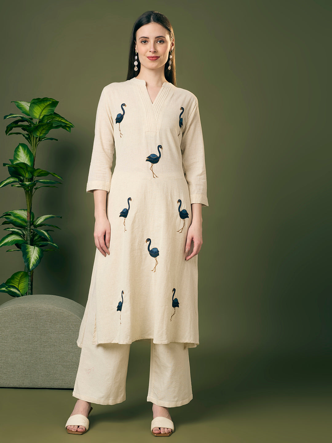 Solid Ostrich Threadwork Embroidered A-Line Co-ord Set - Off White