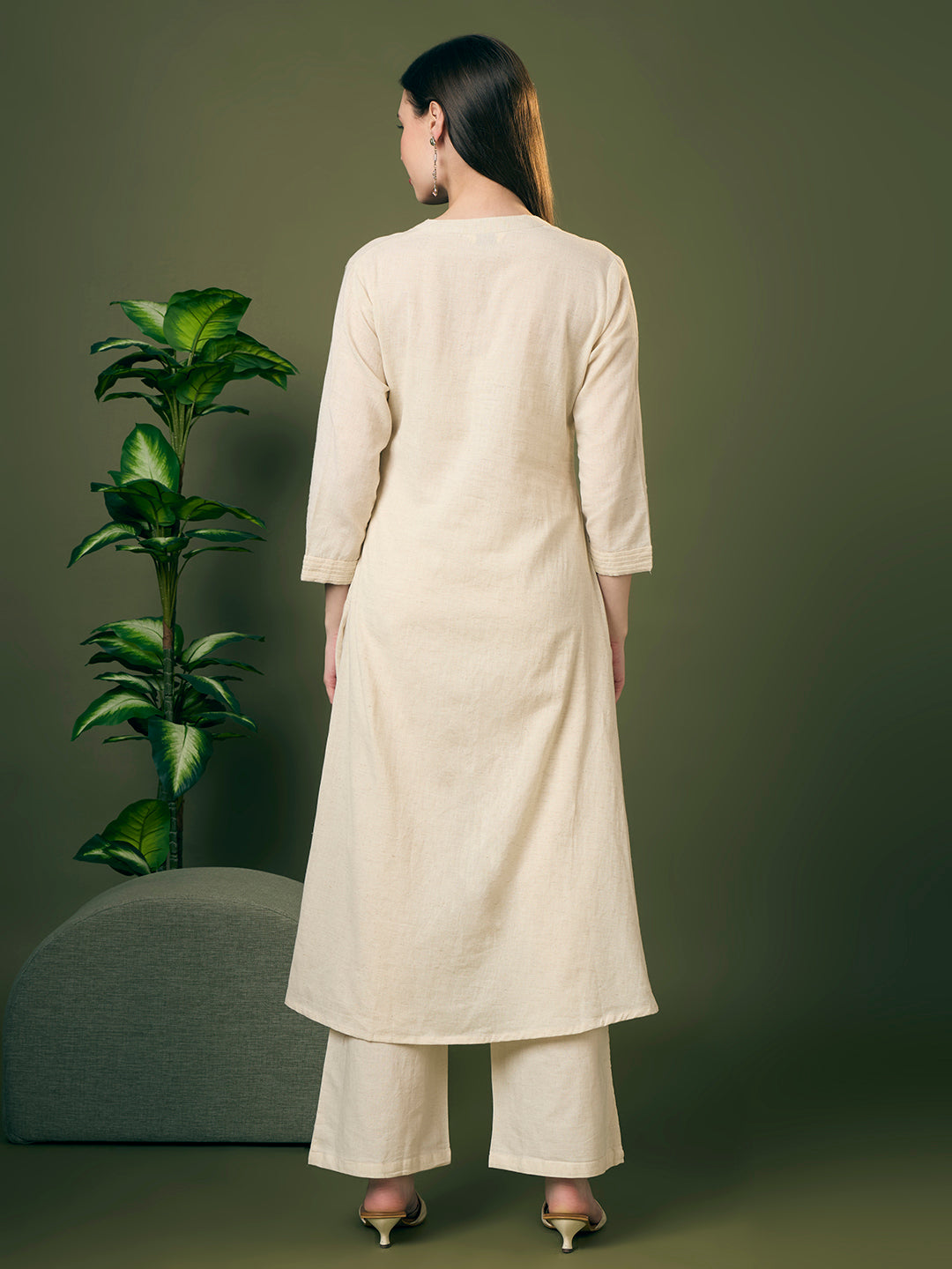 Solid Ostrich Threadwork Embroidered A-Line Co-ord Set - Off White