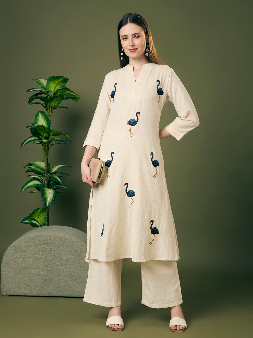 Solid Ostrich Threadwork Embroidered A-Line Co-ord Set - Off White